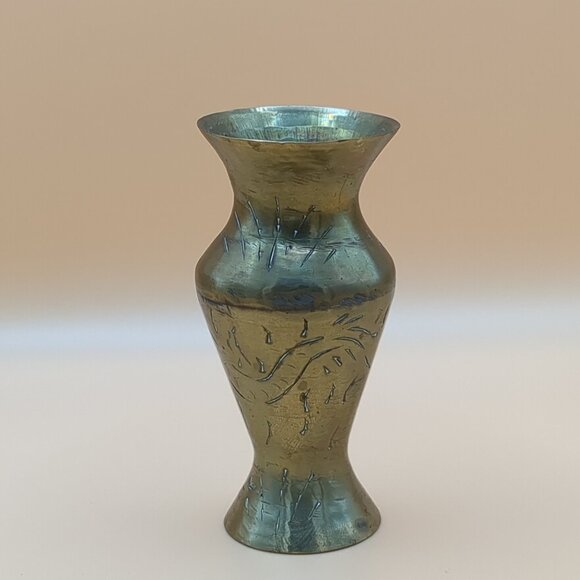 Vintage Brass Vase - Etched Metal - Small Decor Item - Picture 2 of 7
